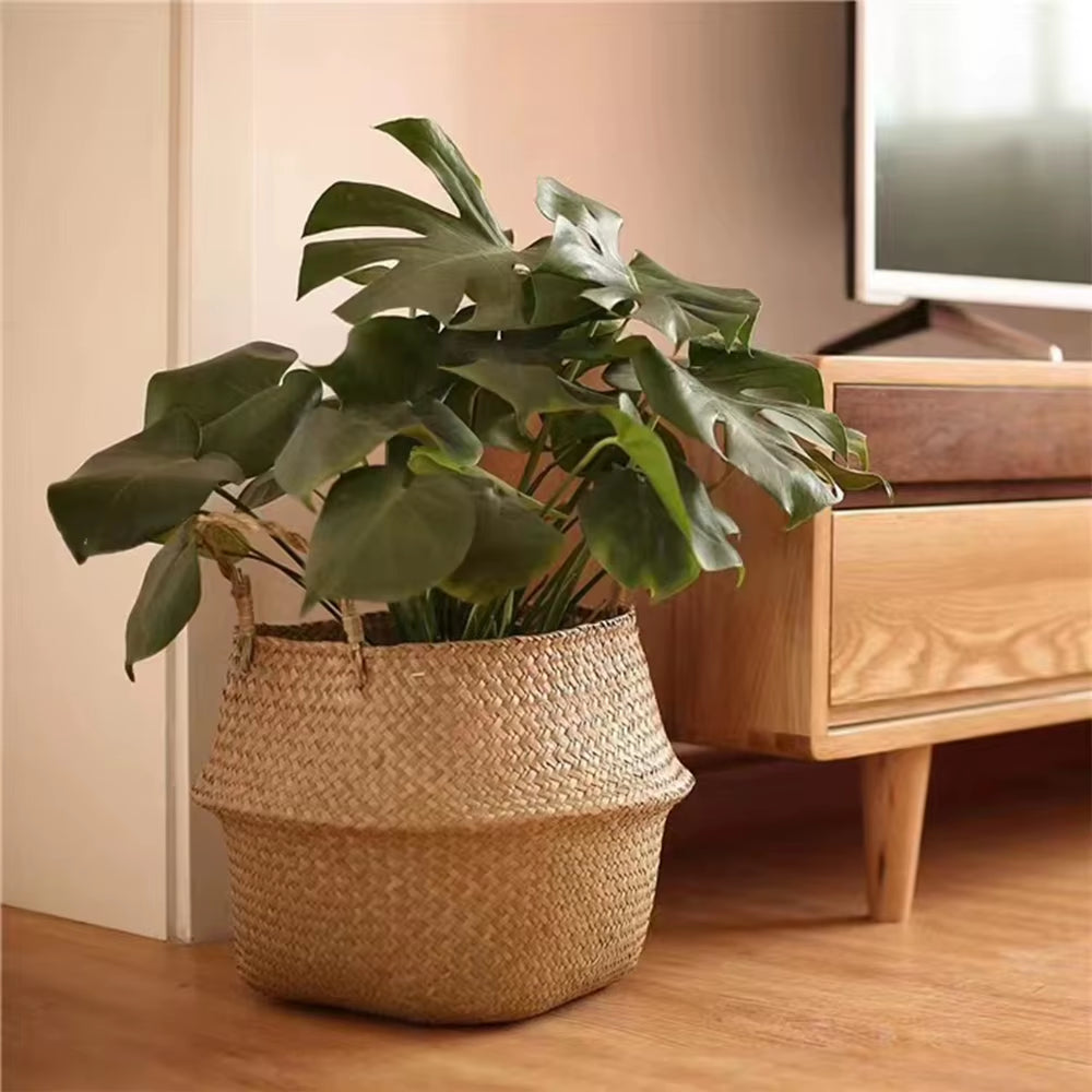 Plant Basket with Handles Wicker Basket Plant Pot Storage Basket Rattan Hanging Flower Pot Laundry Home Decor